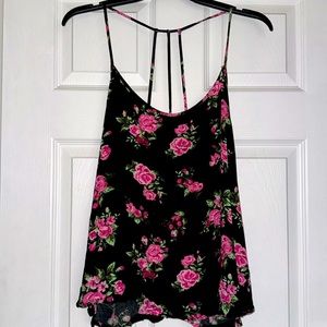 No Boundaries Black with Pink/Red Floral Design Racerback Spaghetti Strap